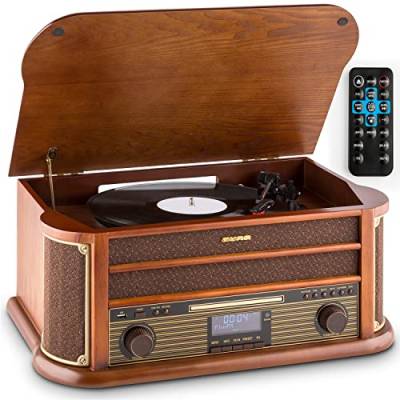 Auna Retro Plattenspieler & DAB-Radio, mit Lautsprecher, Schallplattenspieler im Vintage Design, Schallplatten Vinyl Record Player mit 3 Geschwindigkeiten, AUX- und USB-Anschluss von auna