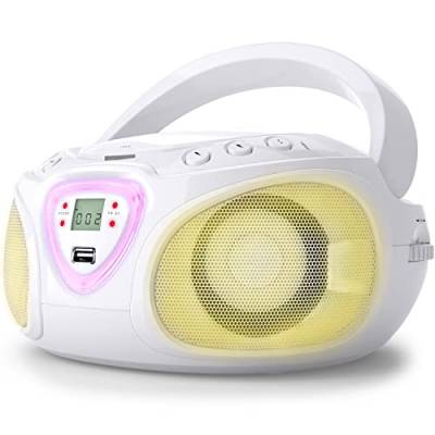 Auna Tragbarer Radio mit CD Player & mit USB für Kinder & Erwachsene, 3 W Boombox mit Bluetooth Funktion, AUX/FM Tragbar mit LED-Display, MP3, 5.0 Streaming mit für Mädchen & Jungen, Weiß von auna