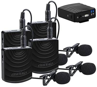 auvisio Mikrofon-Funksets: Vier Digital-Funkmikrofon & -Empfänger-Sets, Klinke, 2,4 GHz, 25 m (Mikrofon Klammer, Lavalier Mikrofon Funk) von auvisio
