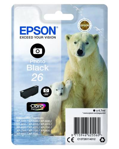 Epson Original 26 Eisbär Druckerpatrone fotoschwarz 200 Seiten 4,7ml (C13T26114012)
