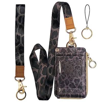 Leoparden-Ausweishalter mit Umhängeband, Geparden-Druck, Schlüsselband mit Reißverschluss, Schlüsselanhänger, PU-Leder, Ausweis, Namensschild, Arbeitsabzeichen-Clip, strapazierfähig für von bolimoss
