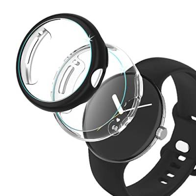 2 Stück Hülle für Google Pixel Watch, Schutzhülle mit Tempered Glass Displayschutz, 360° Rundum Ultradünne PC Hard Hülle Kompatibel mit Pixel Watch Schwarz+Clear von colaxuyi
