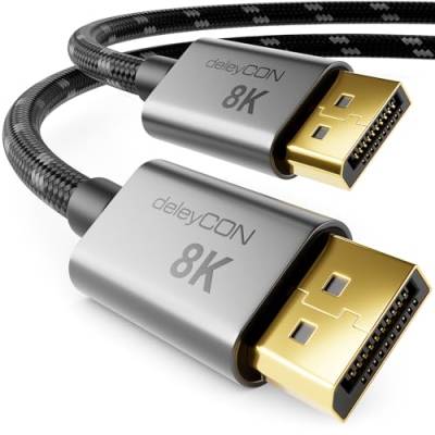 deleyCON 2m DisplayPort 1.4 Kabel 8K@60Hz - UHD WQHD HDR HDCP 2.2-4K@165Hz 2K@360Hz - AMD FreeSync NVIDIA G-Sync - Ideal für Gaming und High-End Video - Grau Schwarz von deleyCON