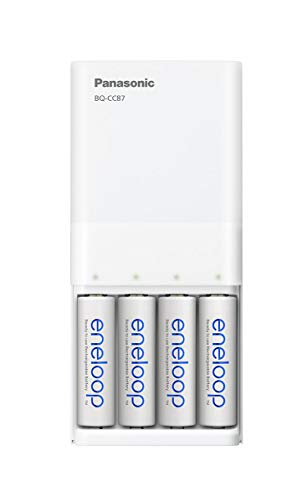 Panasonic eneloop, USB-Schnellladegerät für 1-4 NI-MH Akkus AA/AAA, inklusive 4X eneloop AA Mignon, min. 1900 mAh, 2100 Ladezyklen und zusätzliche Stromversorgung für Mobile Geräte durch USB-Ausgang von eneloop