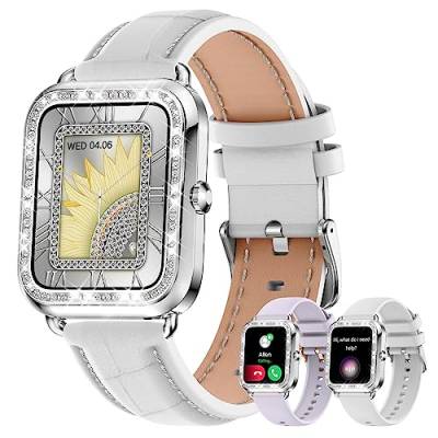 fitonyo Smartwatch Damen mit Telefonfunktion Diamant,1.29" Touch-Farbdisplay,Pulsuhr, SpO2,Schlafmonitor,Menstruationszyklus,19 Sportmodi,Musik,Smartwatches für Damen (Weißes Leder) von fitonyo