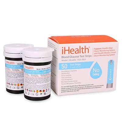 iHealth Blutzucker-Teststreifen (50 Stück), Blutzuckertest, Präzisionszuckermessung für Diabetiker, Streifen funktionieren nur mit iHealth Blutzuckermessgeräten von iHealth