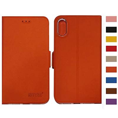 iSTYLE Leder Weiche Klapphülle für iPhone X/XS, Magnetische Handyhülle, Verdicktes, Standfunktion, Kartenfach, Klapphülle für iPhone X/XS, Orange von iSTYLE