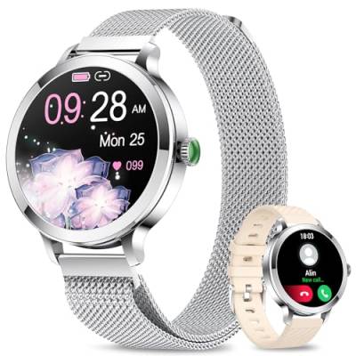 niolina Smartwatch Damen mit Telefonfunktion, 1.106" AMOLED Small Screen Smart Watch für Android iOS, IP68 Wasserdicht Armbanduhr mit 120+ Sport, Fitnessuhr für Pulsuhr/Schrittzähler/SpO2 (Silber) von niolina