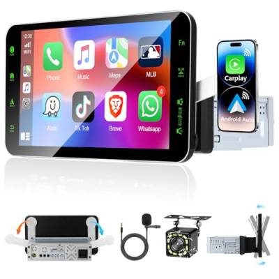 Podofo 1 DIN 9'' HD Autoradio mit Apple CarPlay/Android Auto Wireless, Bluetooth 5.0 Drehbarer Touchscreen mit Handyhalter/Mirror Link/GPS/SWC/EQ/FM/RDS/TF/USB/Telefonhalter + Mikrofon + Rückkamera von podofo