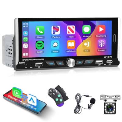 Podofo 1 Din Autoradio mit Drahtlos Apple Carplay Android Auto, 6,9" IPS-Touchscreen-Display, Bluetooth 5.0, Mirror Link, FM/RDS, EQ, SWC, USB/Type-C Eingang+12 LED-Licht Rückfahrkamera von podofo