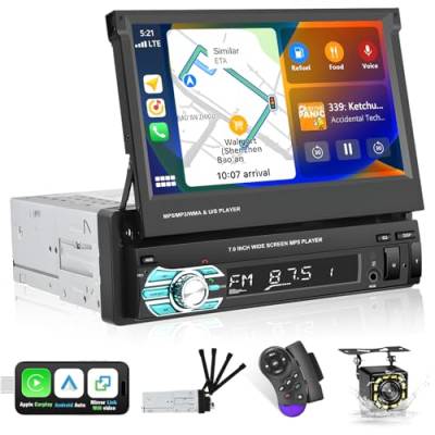 Podofo Autoradio Bluetooth 1 DIN Kompatibel mit Carplay Android Auto, 7 Zoll Bildschirm Manuelle Ausfahrbarem Touchscreen Auto Radio mit Bluetooth FM USB TF AUX Spiegel-Link + Rückfahrkamera von podofo