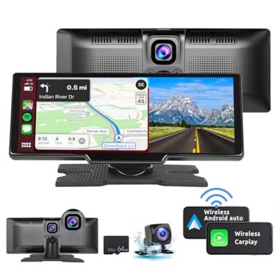 Podofo Tragbar Wireless Apple Carplay Bildschirm mit 2K Dashcam Vorne und HD Rückfahrkamera, 9,3-Zoll Drahtlosem Car Play Android Auto Touch Screen Display mit Bluetooth/GPS/Siri/FM/AUX/64G TF Karte von podofo