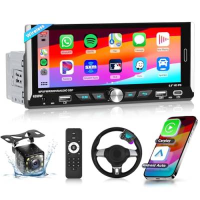 Wireless Apple Carplay 6.9’’Autoradio Bluetooth mit Bildschirm Android Auto Mirror link,Podofo 1 din Radio FM/RDS mit Touchscreen 2 USB AUX/SD/SWC,12LED Rückfahrkamera+Bunte Drucktastenleuchte von podofo