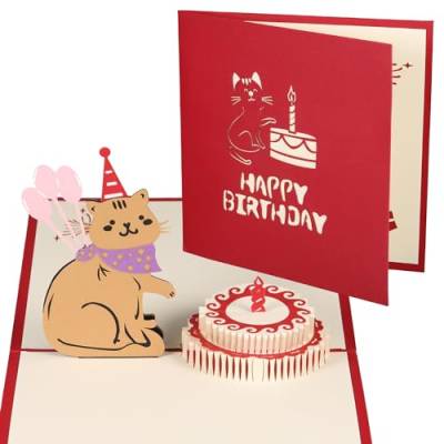 Pop-Up Karte 3d Geburtstagskarte Lustige Happy Birthday Karte Katzen popup karte geburtstag für Frauen Männer Mädchen junge Schwester Freundin Sohn Tochter Kinder, Rot von sdhiiolp