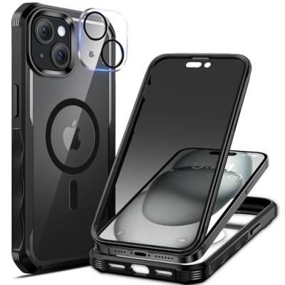 seacosmo Sichtschutz Hülle für iPhone 15 Plus [Kompatibel mit Magsafe], Anti-Spy Handyhülle 360 Grad Schutzhülle, Stoßfestes Case mit Privacy Panzerglas und Kamera Schutzfolie [9H HD]-Schwarz von seacosmo