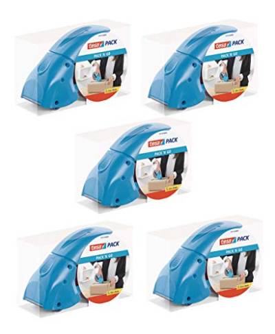 tesapack Abroller Pack' n' Go - Ergonomischer, blauer Handabroller für Paketbänder - Inklusive 50 m x 48 mm Klebeband (5 Abroller) von tesa