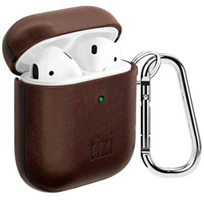 tizi NEU equinux Ränzlein, Dark Coffee – Edle Leder-Hülle für Kopfhörer, kompatibel mit Apple Airpods 1 und 2, Case als Schutz gegen Kratzer mit praktischem Karabiner von tizi