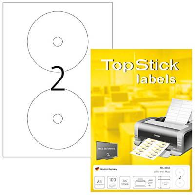 TopStick 8656 CD DVD Etiketten, 100 Blatt, Ø 117 mm Maxi, 2 pro A4 Bogen, 200 Stück, selbstklebend, bedruckbar, matt, blanko Papier Klebeetiketten Aufkleber, weiß von HERMA