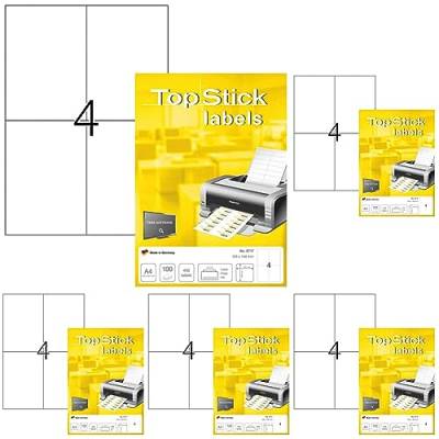 TopStick 8717 Universal Etiketten, 100 Blatt, 105 x 148 mm, 4 Stück pro A4 Bogen, 400 Aufkleber, selbstklebend, bedruckbar, blanko Versandetiketten aus Papier für Laser/Inkjet Drucker, weiß von topstick