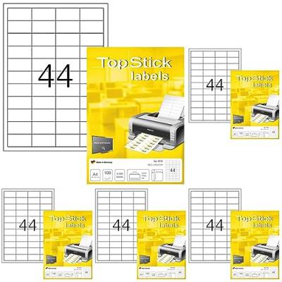 TopStick 8731 Universal Etiketten, 100 Blatt, 48,3 x 25,4 mm, 44 Stück pro A4 Bogen, 4400 Aufkleber, selbstklebend, bedruckbar, blanko Klebeetiketten aus Papier für Laser/Inkjet Drucker, weiß von topstick