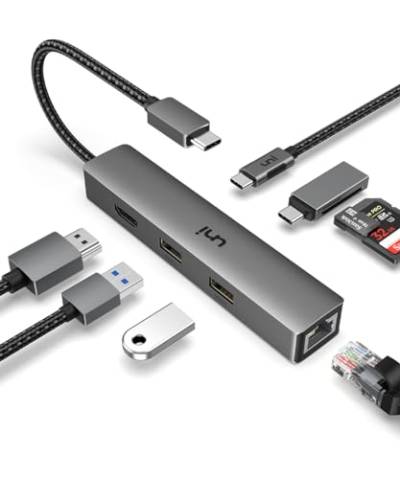 uni 6-in-1 USB C Hub mit 4K HDMI, 100W PD, Ethernet hub, USB-C Daten, 2xUSB3.0 Datenports,aus Aluminiumgehäuse und Nylonkabel, für MacBook Pro, MacBook Air, iPad Pro usw. von uni