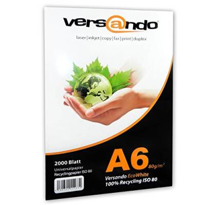 versando 2.000 Blatt Recyclingpapier DIN A6 EcoWhite 80g Kopierpapier Druckerpapier Öko Umweltpapier Rezeptpapier (105 x 148 mm) von versando