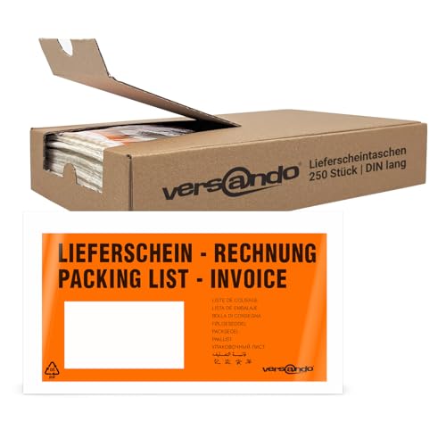 versando 250 Lieferscheintaschen DIN lang selbstklebend Dokumententaschen Begleitpapiertaschen orange/schwarz bedruckt: "Lieferschein/Rechnung" in Spenderbox von versando