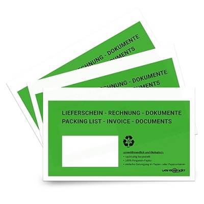 versando 250 ökologische Lieferscheintaschen DIN lang selbstklebend 100% Pergamin Papier folienfrei grün/schwarz bedruckt: "Lieferschein/Rechnung" in Spenderbox von versando