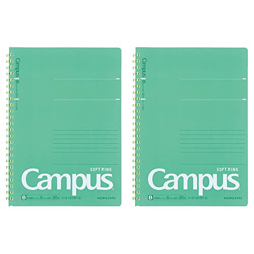 KOKUYO Campus Notizbuch mit weichem Ring, A5, B, 6 mm, gepunktet, liniert, 29 Zeilen, 50 Blatt, grün, 2 Stück von KOKUYO