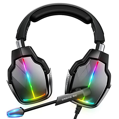Gaming Headset mit Mikrofon, 90° Drehbare Ohrmuscheln und 4-Modus RGB Leuchten, PS4 Headset mit um 3D Surround Sound, Atmungsaktive Protein-Ohrenschützer, für PS4 PS5 Xbox One PC Switch Laptop von 通用