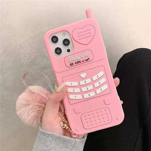 Niedliche, lustige Schutzhülle für iPhone 12 Pro Max, stoßfest, weiches Silikon, Schutzhülle für Mädchen und Frauen (helles Barbie-rosa Handy + Kawaii-Schlüsselanhänger, großer pelziger Ball) von 通用