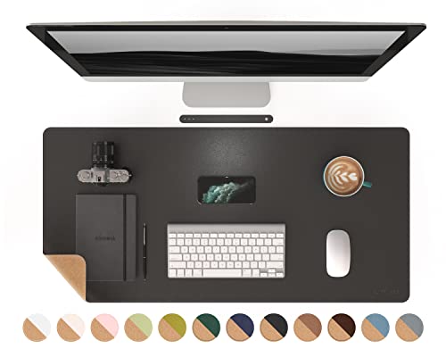 RENMTURE Doppelseitiges Mauspad, Naturkork und PU-Leder, große Schreibtischunterlage für Büro und Heimarbeit, Schreibtischschutz, rutschfest, wasserdicht, leicht zu reinigen (Schwarz, 90 x 43 cm) von RENMTURE