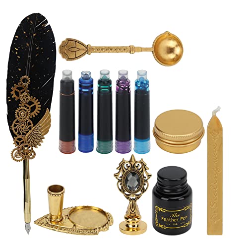 Glas Dip Pen, Exquisite Quill Pen Spray Gold Pen Case Dual-Funktions-Stifthalter SP287901 + Ink Sac Type, Antique Gold Gear Sprinkled Gold Black (Turkey Feather) von 01 02 015