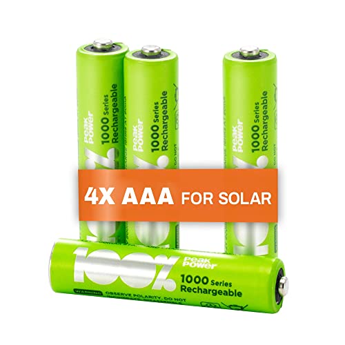 Solar Akku AAA | 4 Stück AAA Akku für Solarlampen NiMH 1,2 Volt (1,2V) | wiederaufladbare Batterien AAA für Solarleuchten von 100% PeakPower