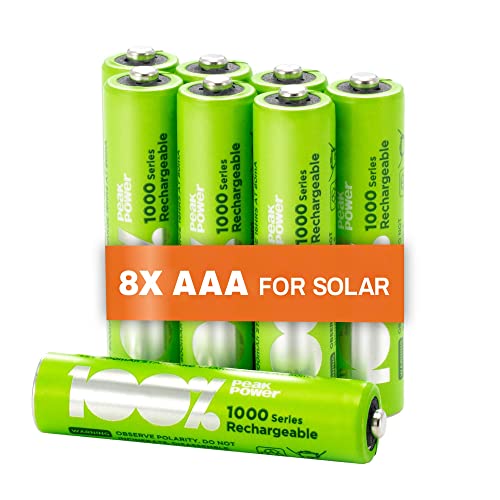 Solar Akku AAA | 8 Stück AAA Akku für Solarlampen NiMH 1,2 Volt (1,2V) | wiederaufladbare Batterien für Solarleuchten von 100% PeakPower