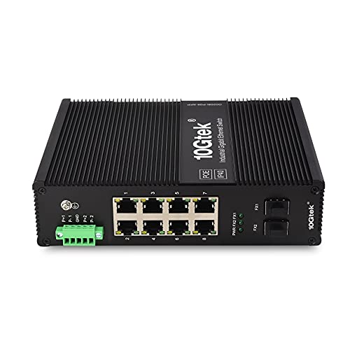 10Gtek 10-Port Industrial DIN-Rail Ethernet Switch Hutschiene, POE 802.3af/at, IP40, 2X Gigabit SFP Slot mit 20-km SFP Transceiver, G0208i-P08, DIN-Rail Mount von 10Gtek