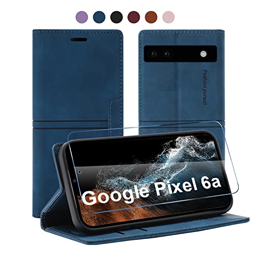 13peas Leder Hülle für Google Pixel 6a Handyhülle（2022），PU Wallet Ständer Case mit Panzerglas Schutzfolie Brieftasche Kartenfach， Flip Cover Geschäft Klappbar Stoßfeste Etui (Blau) von 13peas