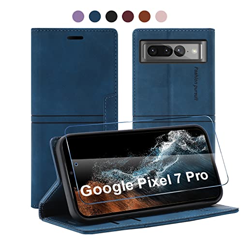 13peas Leder Hülle für Google Pixel 7 Pro Handyhülle（2022），PU Wallet Ständer Case mit Panzerglas Schutzfolie Brieftasche Kartenfach， Flip Cover Geschäft Klappbar Stoßfeste Etui (Blau) von 13peas