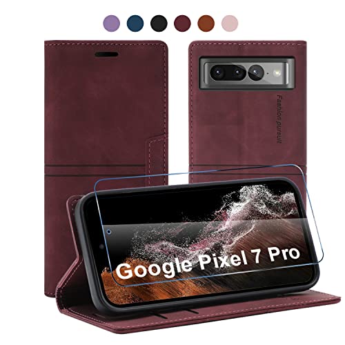 13peas Leder Hülle für Google Pixel 7 Pro Handyhülle（2022），PU Wallet Ständer Case mit Panzerglas Schutzfolie Brieftasche Kartenfach， Flip Cover Geschäft Klappbar Stoßfeste Etui (Weinrot) von 13peas