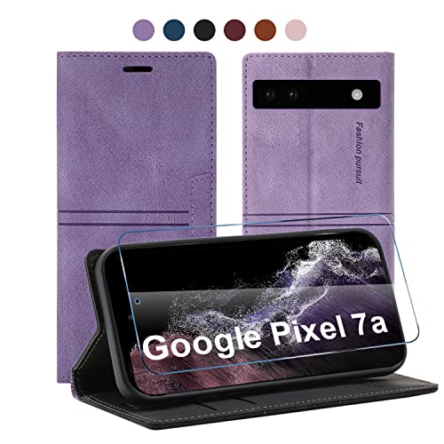 13peas Leder Hülle für Google Pixel 7a Handyhülle（2023），PU Wallet Ständer Case mit Panzerglas Schutzfolie Brieftasche Kartenfach， Flip Cover Geschäft Klappbar Stoßfeste Etui (Lila) von 13peas
