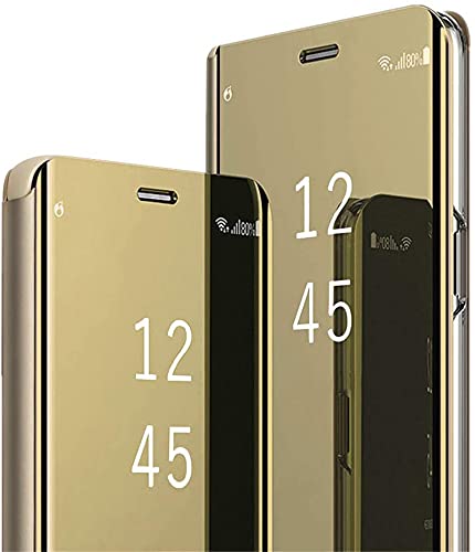 16Jessie für Samsung Galaxy A33 5G Hülle Leder Flip Spiegel Handyhülle Cover Case Original Schutzhülle 360 Grad Hard PC Stoßfest Ständer Funktion 6.4 Zoll, 16DE-K2HNR, Gold von 16Jessie