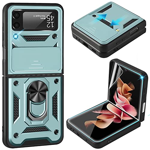 16Jessie für Samsung Z Flip 3 Hülle mit Schutzfolie Handyhülle für Samsung Galaxy Z Flip 3 Schutzhülle Silikon Bumper 360 Grad Stoßfest Z Flip 3 Case Magnetisch Ring Stand Cover 5G/6.7'', Grün von 16Jessie