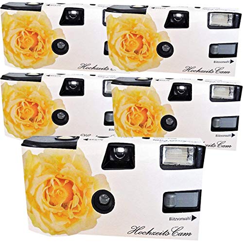 5 x 1A PHOTO PORST Hochzeitskamera/Einwegkamera gelbe Hochzeitsrose (deutsche Bedienungsanleitung, mit Blitzlicht und Batterien, je 27 Fotos, ISO 400 Fuji) von 1A PHOTO PORST