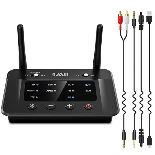 1Mii B03 Bluetooth 5.3 Transmitter Sender Empfänger für TV, aptX HD Low Latency Drahtloser Audioadapter für 2 Kopfhörer Stereoanlage, Große Reichweite, Digital Optical, AUX, RCA von 1Mii