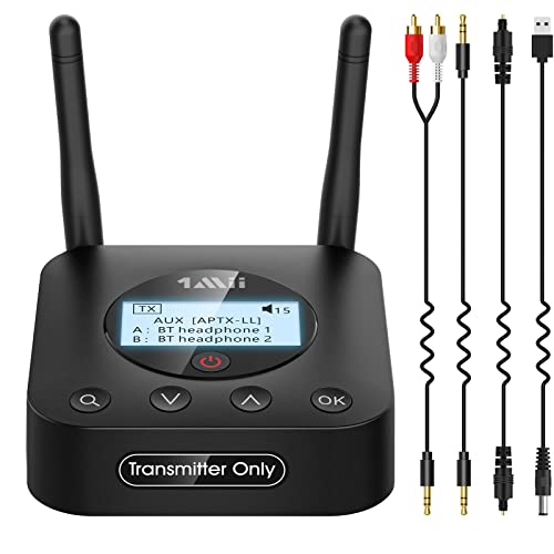 1Mii B06TX+ Bluetooth 5.2 Transmitter mit großer Reichweite, aptX HD & Low Latency Bluetooth Audio Sender mit Bildschirmanzeige für TV/PC/Projektor an 2 Bluetooth-Kopfhörer/Lautsprecher von 1Mii