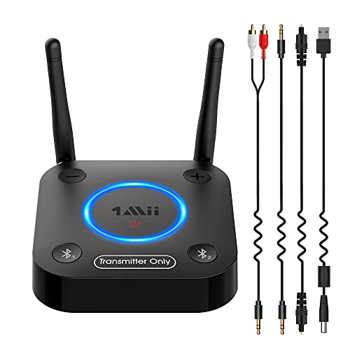 1Mii Bluetooth 5.2 Transmitter für TV, Große Reichweite Bluetooth Audio Adapter, aptX HD Low Latency Bluetooth Sender für 2 Kopfhörer Lautsprecher, 3,5mm AUX/Optisch/Coaxial Kabel, Lautstärkeregelung von 1Mii