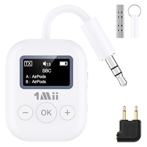 Flugzeug Bluetooth 5.3 Transmitter für alle Kopfhörer - Bluetooth Adapter für TV - Duale Verbindung - aptX Low Latency - Flying Travel, Long Flight Essentials - Wireless Audio Aux für MP3 (Weiß) von 1Mii