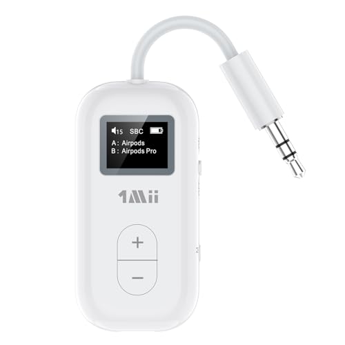 1Mii SafeFly Dual Bluetooth 5.3-Sender mit OLED-Display für bis zu 2 kabellose AirPods-Ohrhörer, mit aptX HD/AD/LL, mit 3,5-mm-Audiobuchse im Flugzeug/Fitnessstudio/TV/iPad/Tablets von 1Mii