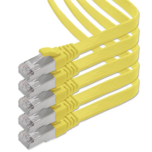 1aTTack.de 3,0 m - gelb - 5 Stück CAT.7 Gigabit Ethernet LAN Flachband Flachbandkabel (RJ45) Netzwerkkabel Rohkabel (10Gbit/s) Verlegekabel Flach Slim kompatibel zu Cat.5 - Cat.5e - Cat.6 von 1aTTack.de