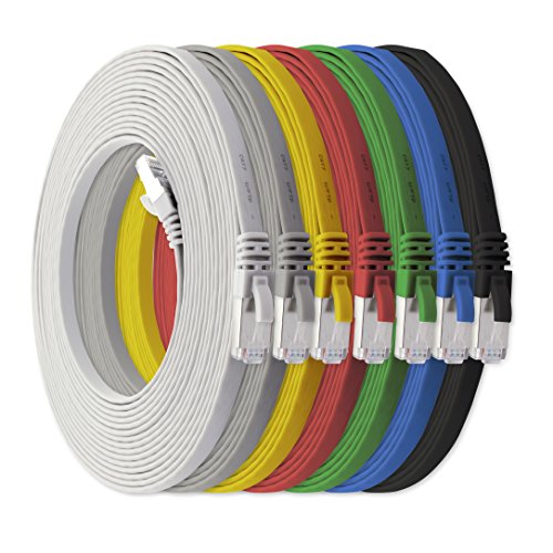 1aTTack.de 7,5m - 7-Farben - 7 Stück Cat7 Flachkabel Netzwerkkabel Cat 7 Rohkabel Gigabit Lan (10Gbit/s) Flachbandkabel Verlegekabel Patchkabel Flach Slim Rj 45 Stecker Cat6a von 1aTTack.de